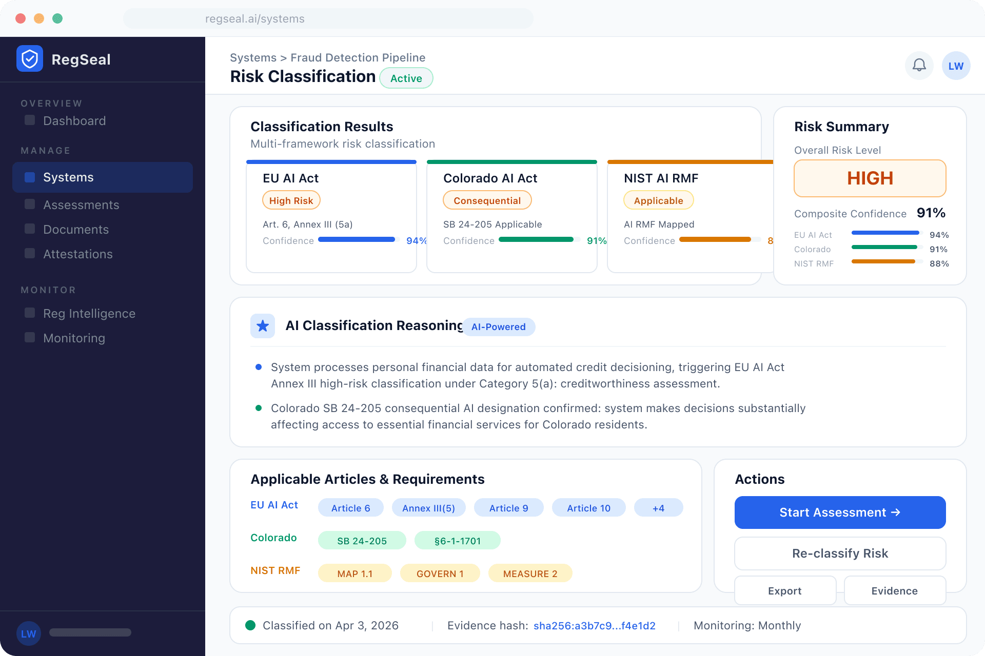 RegSeal AI system risk classification interface